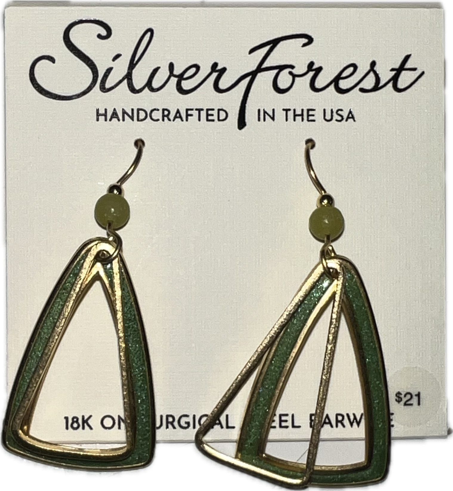 Silver Forest Green Triangle Earrings-NE-2387