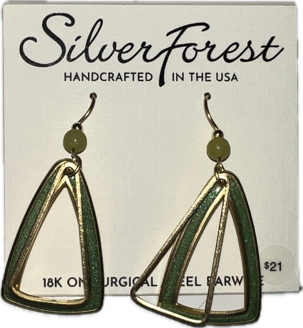 Silver Forest Green Triangle Earrings-NE-2387