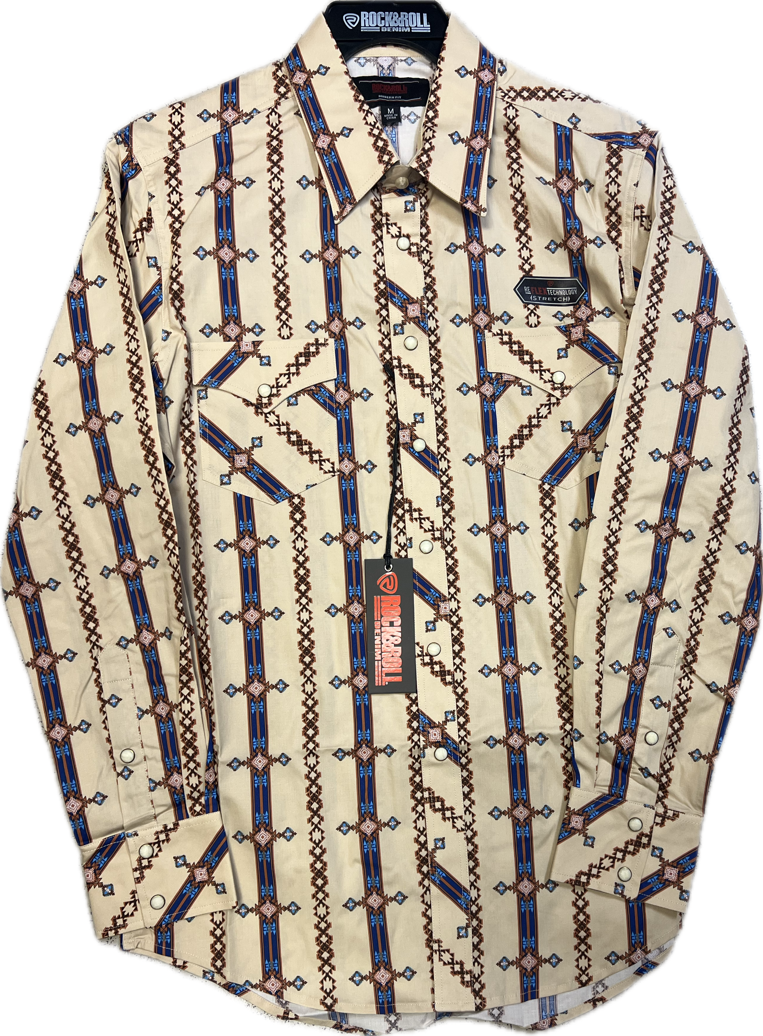 Rock and Roll Mens Tan and Blue Aztec Long Sleeve Snap Shirt-BMN2S09438