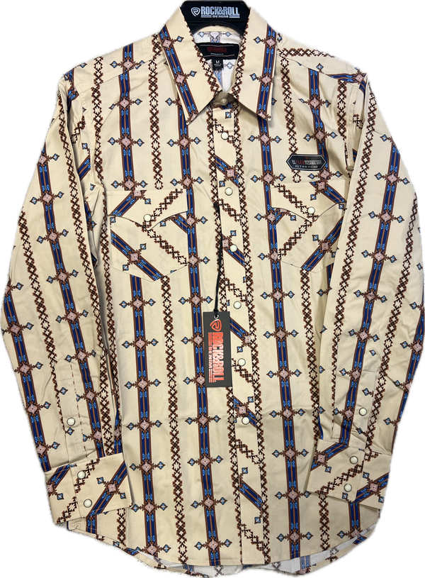 Rock and Roll Mens Tan and Blue Aztec Long Sleeve Snap Shirt-BMN2S09438