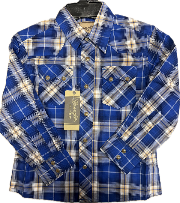 Wrangler Kids Blue Plaid Retro Long Sleeve Snap Shirt-112385824