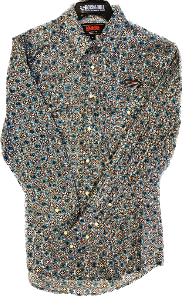 Rock & Roll Denim Men's Blue Geometrical Pattern Snap Shirt BMN2S04724