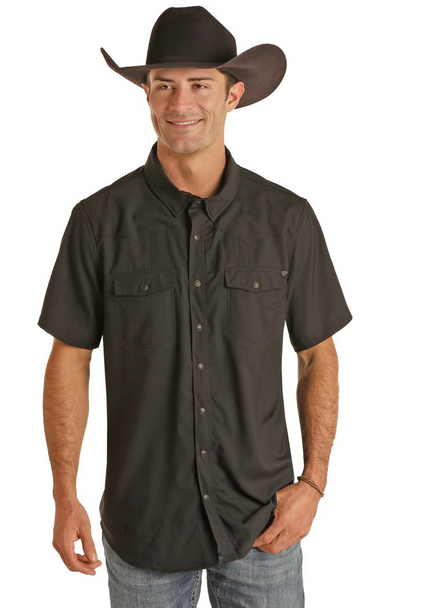 Rock & Roll Black Short Sleeve Ripstop Snap Shirt-BMN3S06797