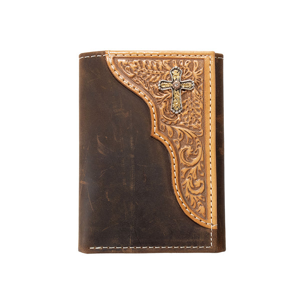 Nocona Western Wallet Tri-Fold Leather Embossed Cross Concho - N500050244
