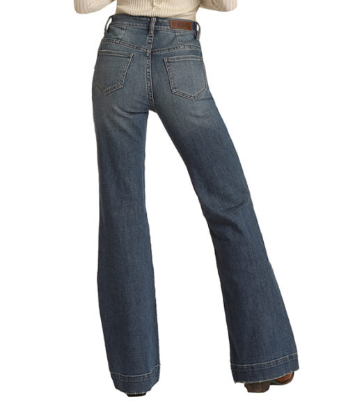 Rock and Roll Cowgirl Ladies High Rise Medium Wash Button Detail Trouser Jean W8H1665