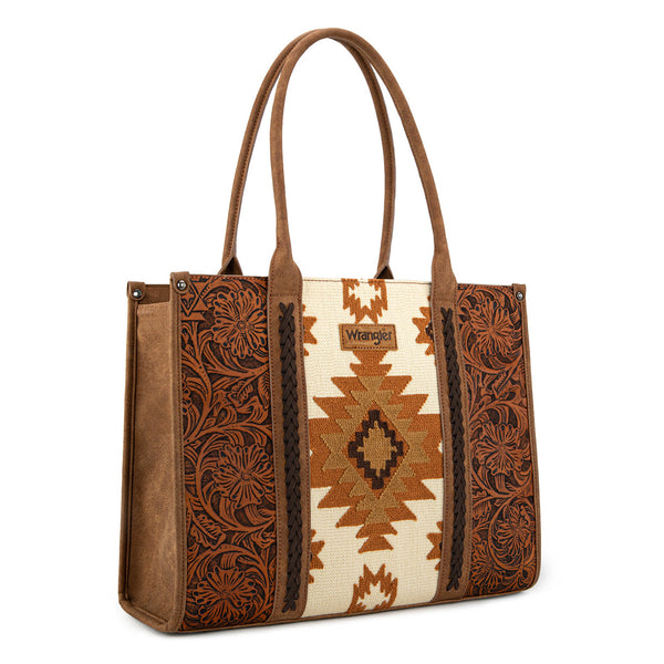 Wrangler Vintage Tooled Aztec Brown Pattern Print Concealed Carry Large Tote-WG226G-8119BR
