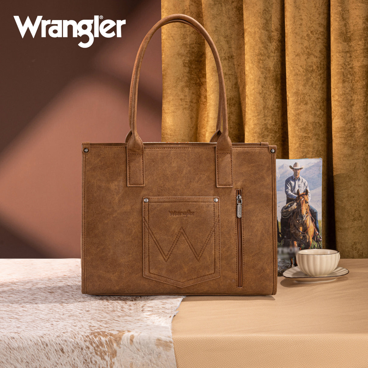 Wrangler Vintage Tooled Aztec Brown Pattern Print Concealed Carry Large Tote-WG226G-8119BR
