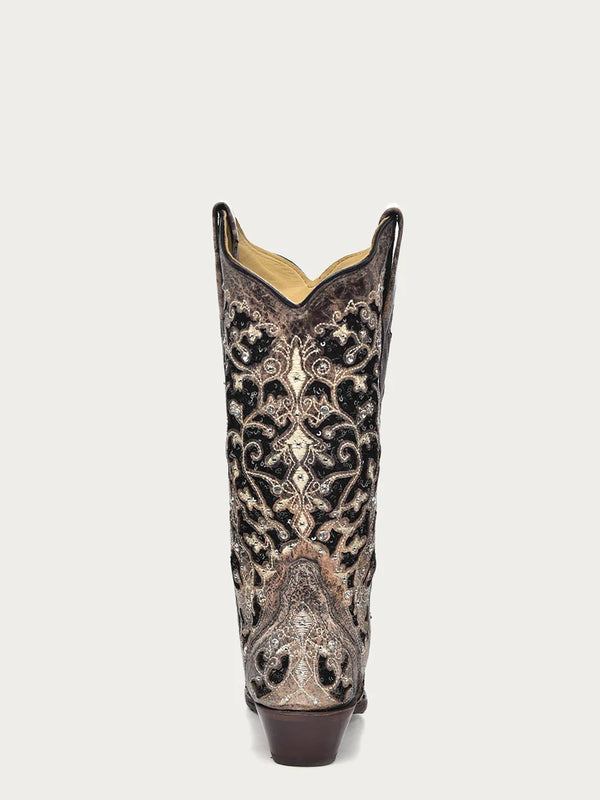Corral Ladies Brown Black Inlay Floral Embroidery Studs and Crystals A3569