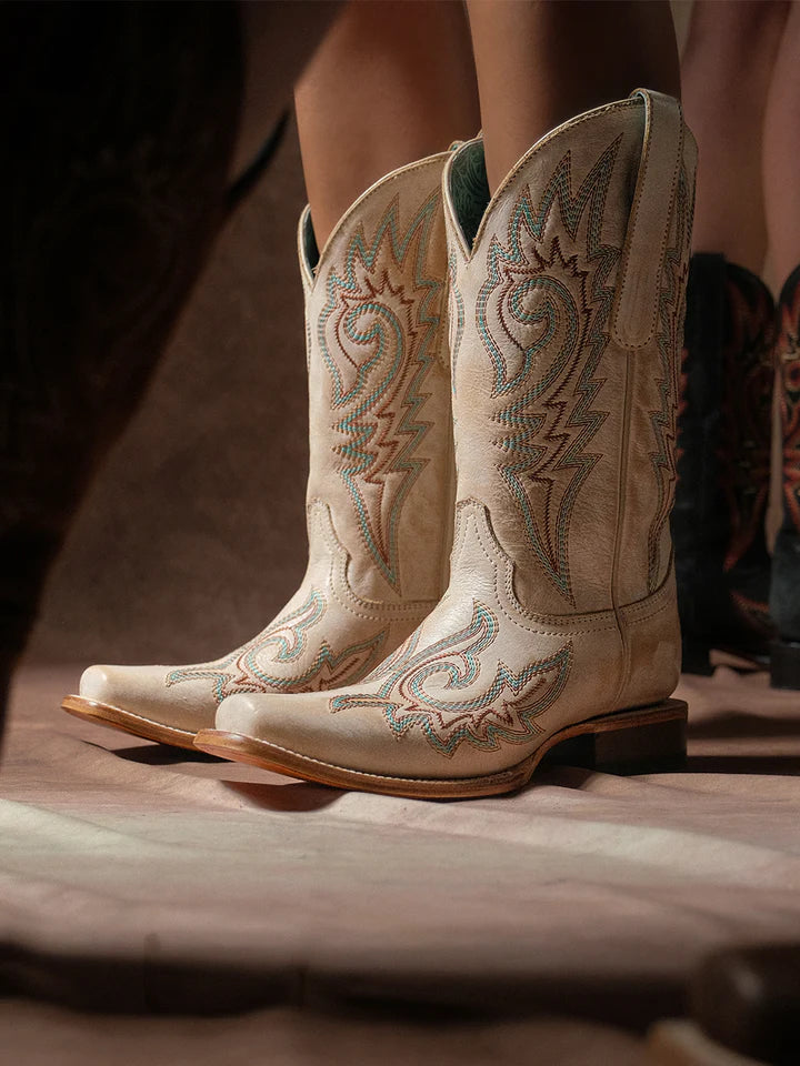 WOMEN'S BLUE AND RED EMBROIDERY BONE SQUARE TOE COWBOY BOOT -Z5444