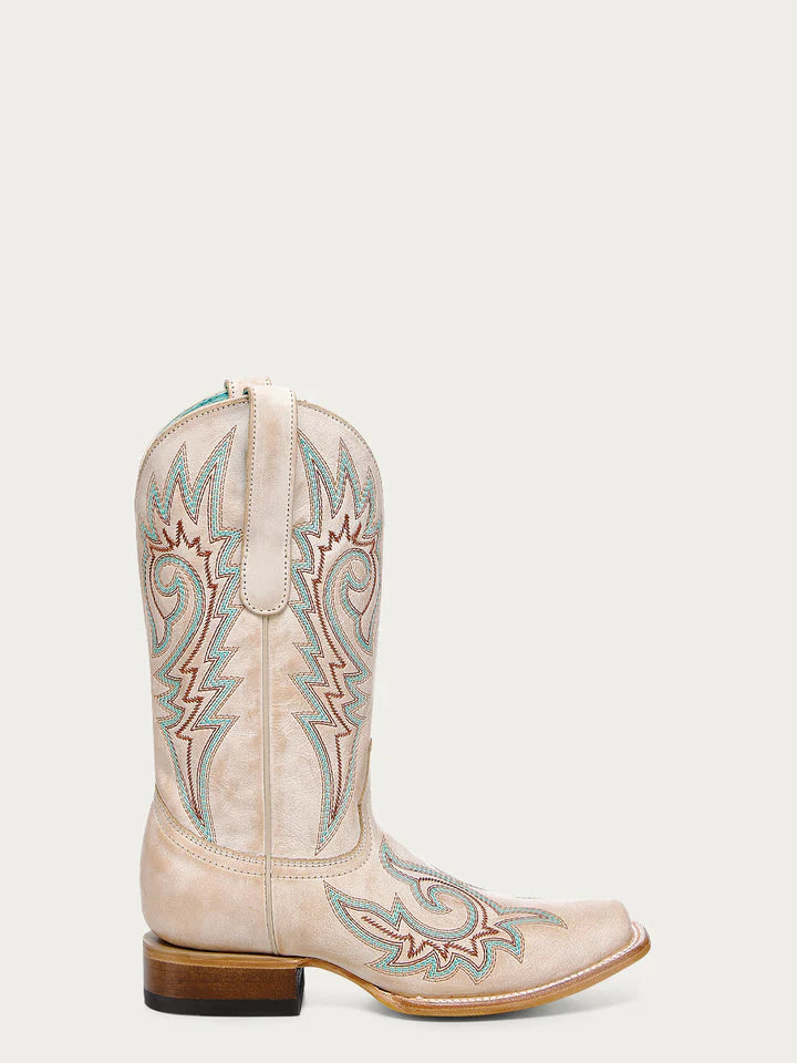 WOMEN'S BLUE AND RED EMBROIDERY BONE SQUARE TOE COWBOY BOOT -Z5444
