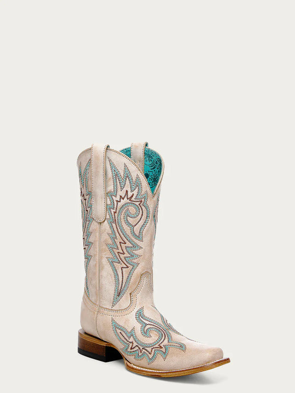 WOMEN'S BLUE AND RED EMBROIDERY BONE SQUARE TOE COWBOY BOOT -Z5444