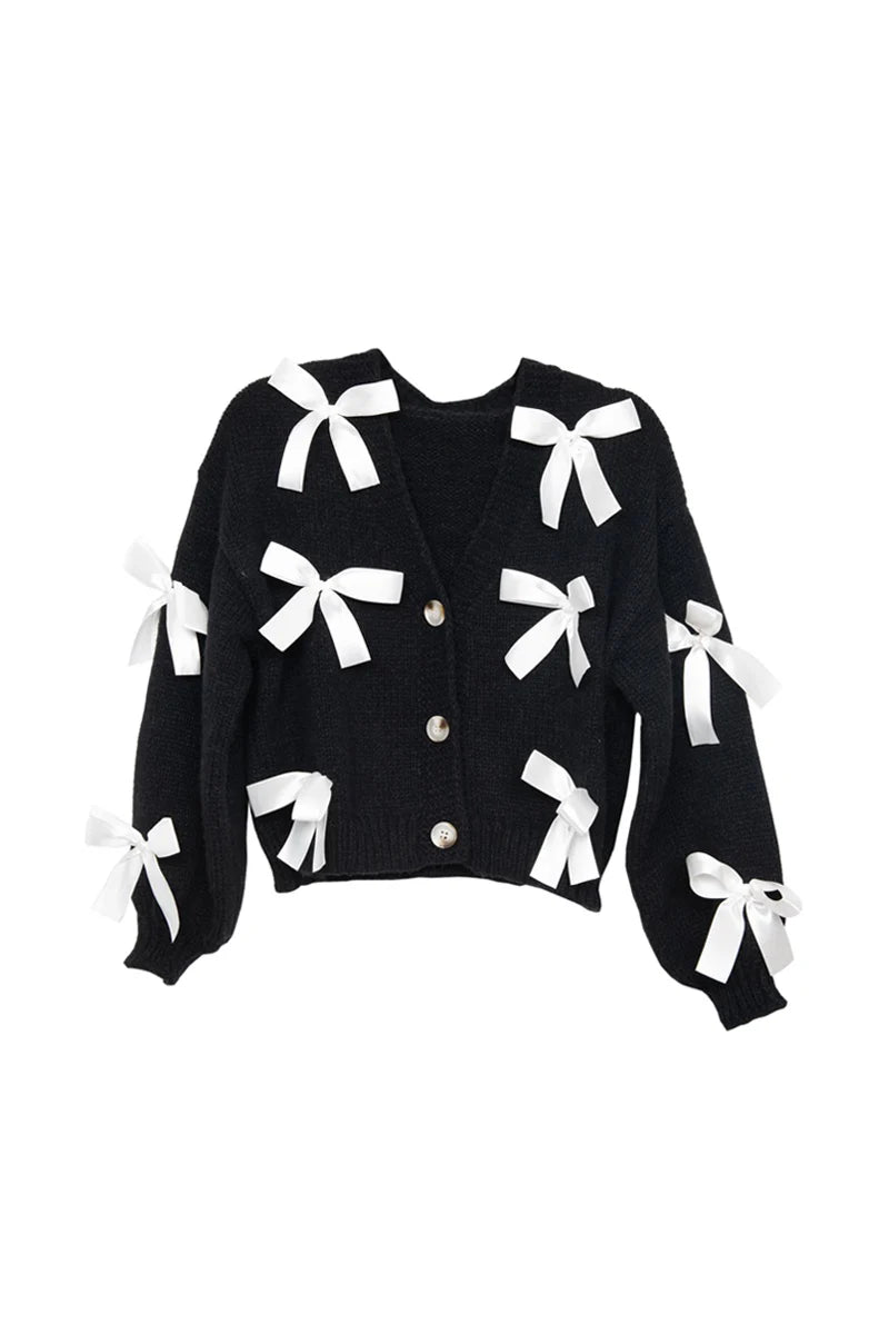 KatyDid Ladies Satin Bow Cardigans Sweater - Black - KDC_CRG-06_BLK