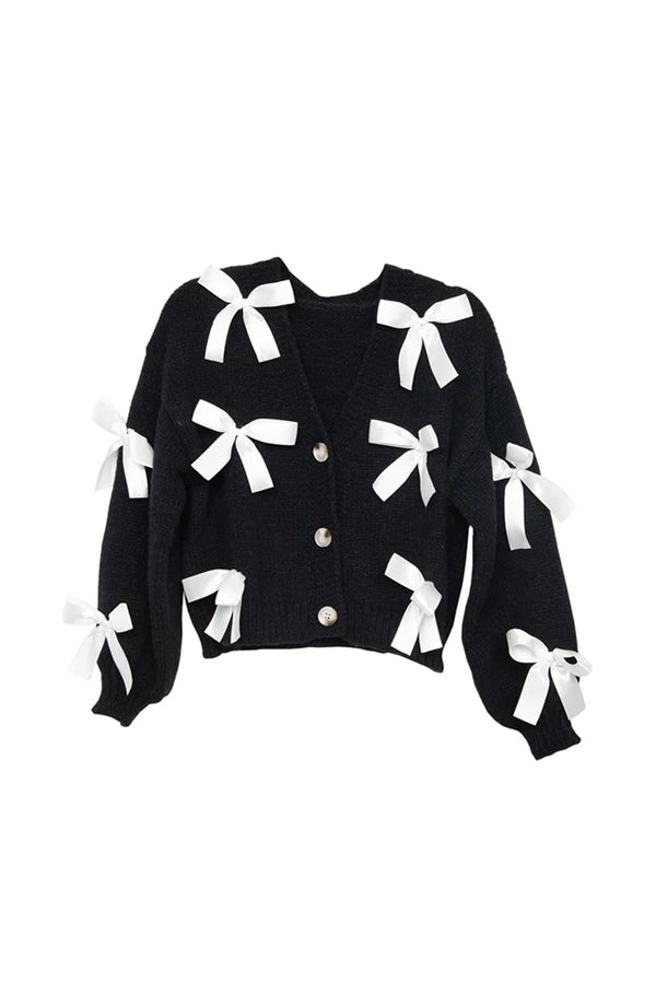 KatyDid Ladies Satin Bow Cardigans Sweater - Black - KDC_CRG-06_BLK