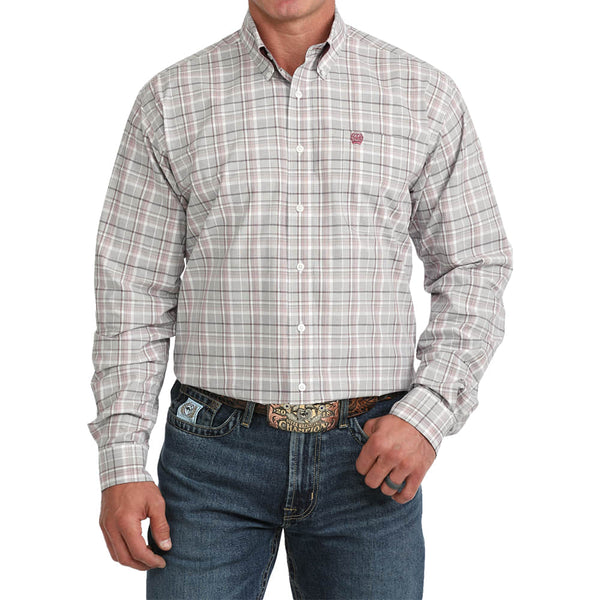 Cinch Men's Plaid White Long Sleeve Button-Down Shirt MTW1106159