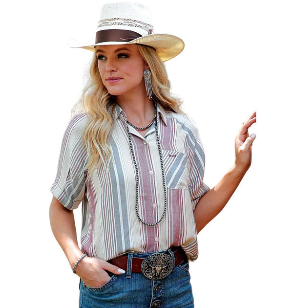 Cruel Girl Denim Ladies Stripe Short Sleeve Shirt-CTW7477001