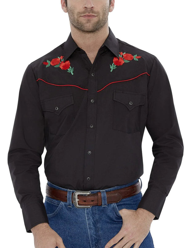 Ely and Walker Men's Long Sleeve Western Shirt with Rose Embroidery Black 15203901-88