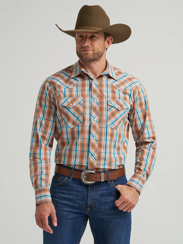 Wrangler Men's 20X Orange and Blue Plaid Long Sleeve-112367926