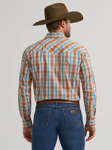 Wrangler Men's 20X Orange and Blue Plaid Long Sleeve-112367926