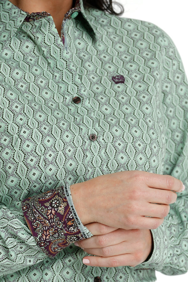 Cinch Ladies Button Down Green Geo Print- MSW9165043