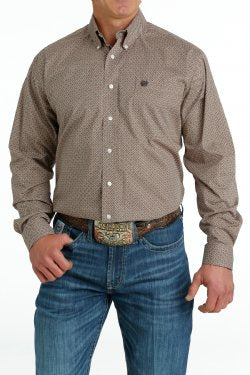 Cinch Men's Stretch Geometric Print Button Down Western Shirt Khaki/Brown MTW1105656