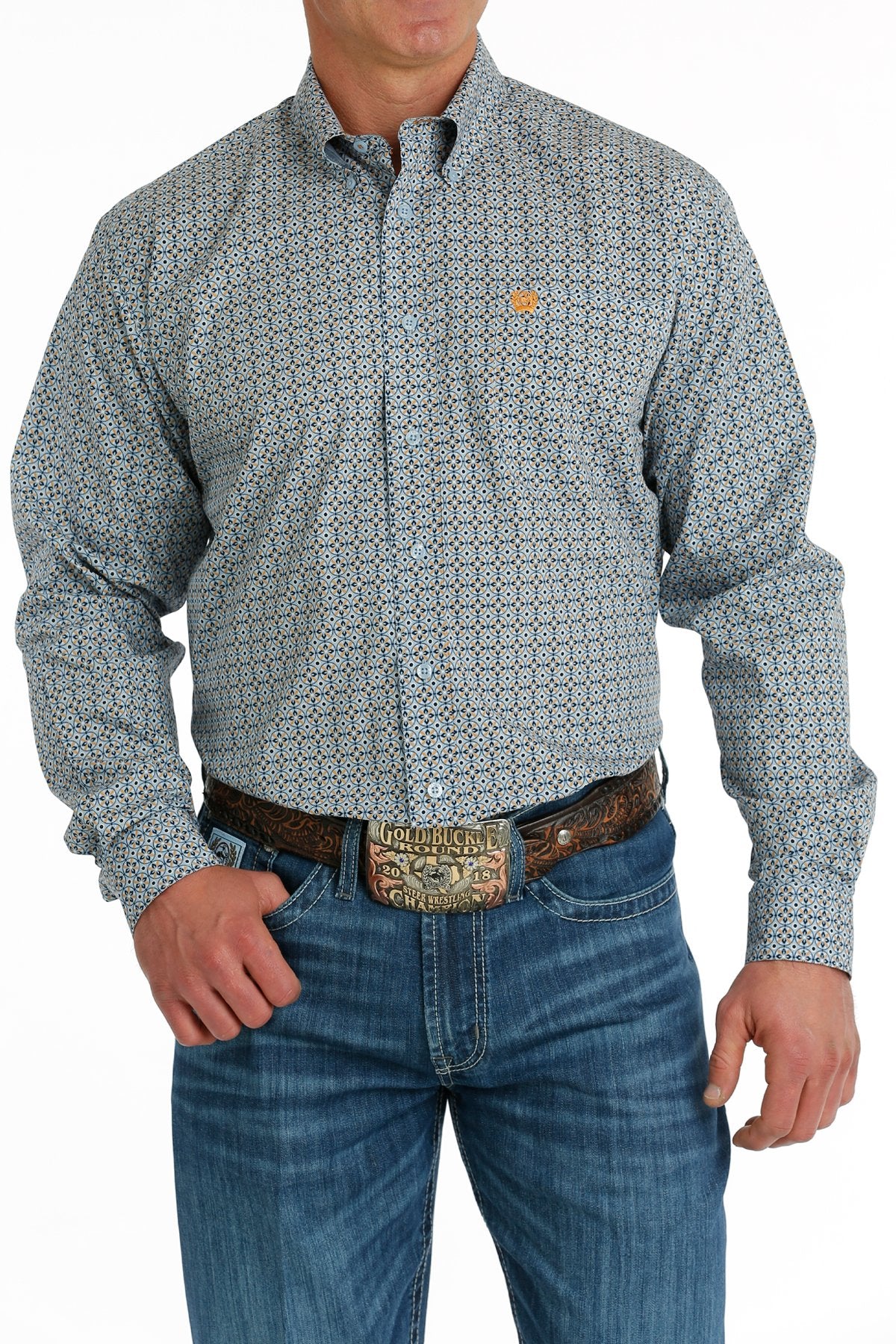 Cinch Men's Long Sleeve Button Down Light Blue Geometric Print MTW1105690