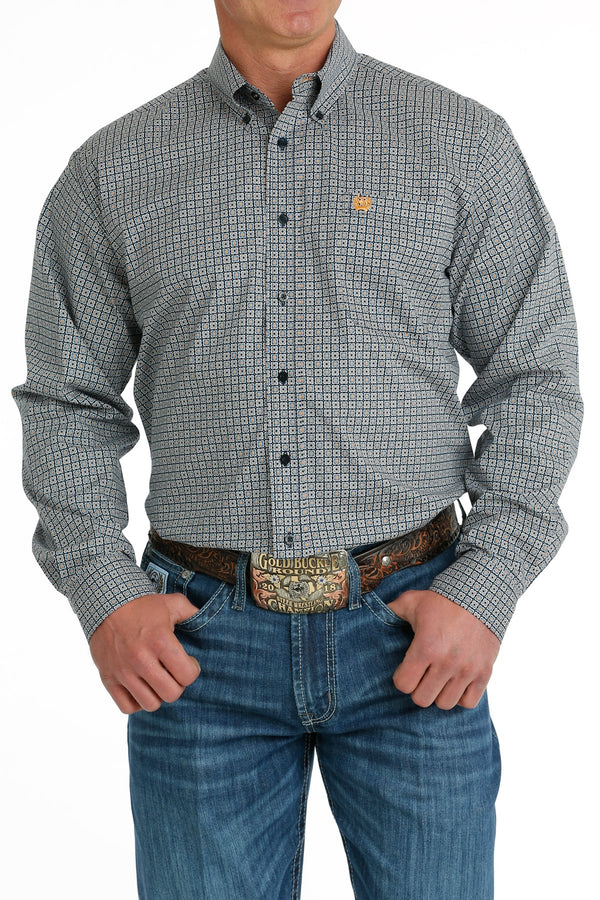 Cinch Men's Stretch Geometric Print Button Down Shirt Navy/ Orange MTW1105699
