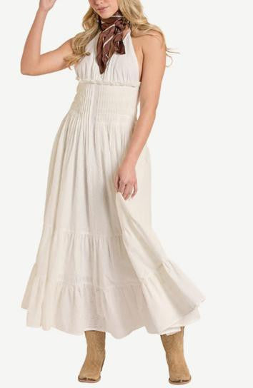 Rock & Roll Ladies Eyelet Maxi White Dress-BWD0R08108