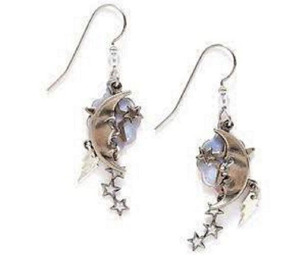 Silver Forest Crescent Moon & Star Earrings E-8937