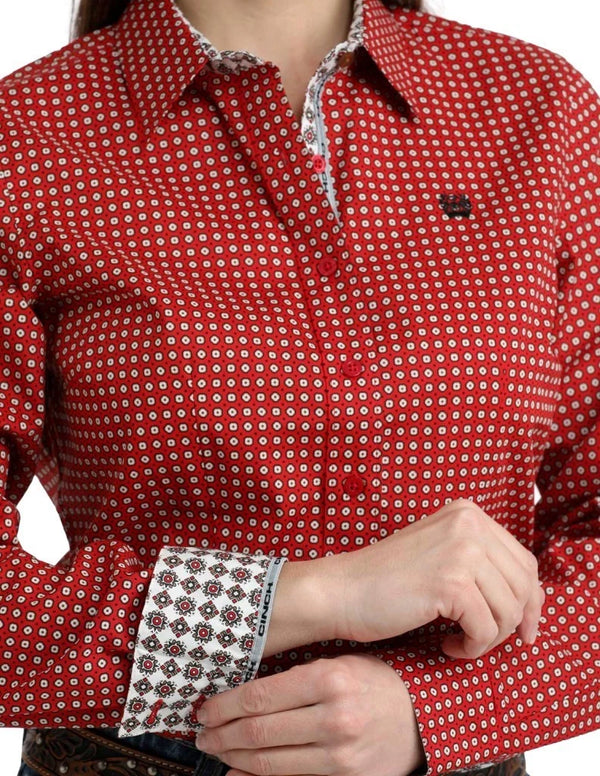 Cinch Women's Long-Sleeve Foulard Button Red - MSW9165079