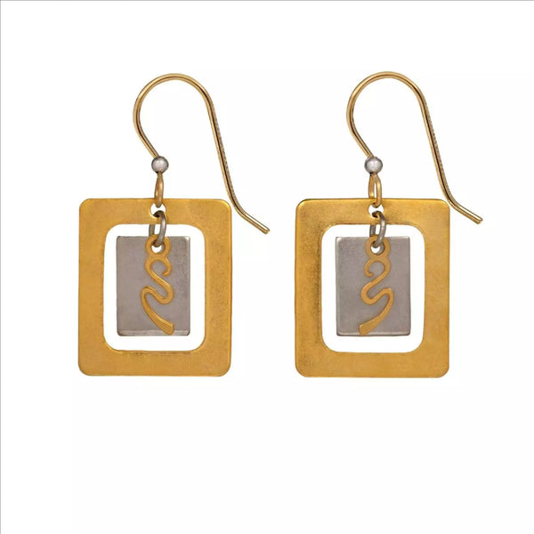 Silver Forest Earring Gold and Silver Two Squares with Squiggles - NE-2145
