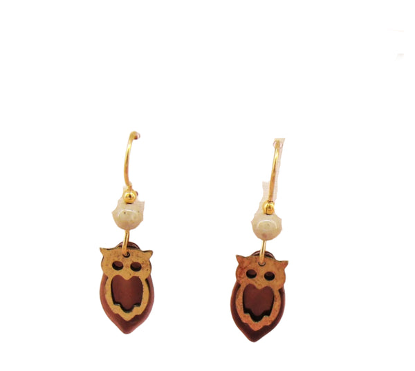 Silver Forest Owl Pierced Earrings Copper Bead Dangle - NE-0856