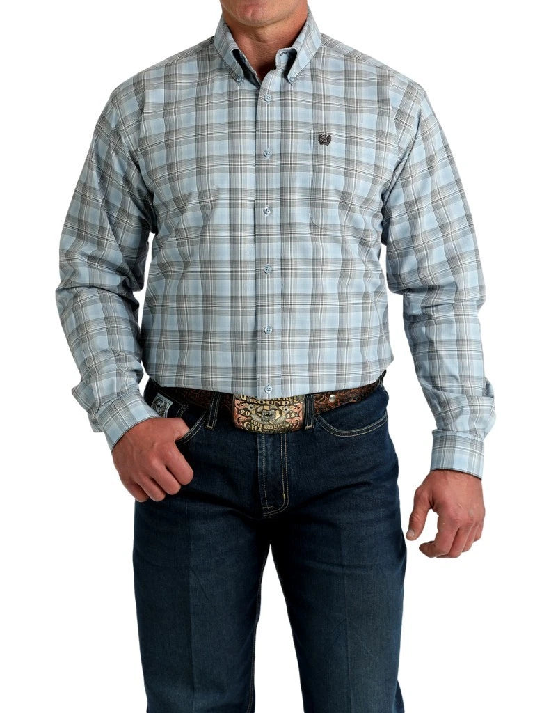 Cinch Mens Light Blue Plaid Long Sleeve Shirt - MTW1106000