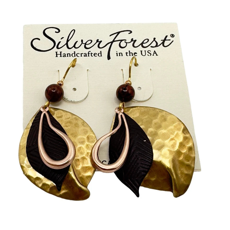 Silver Forest Dangle Earrings Gold Tone Leaf Brown Tear Drop Bead - NE-1687
