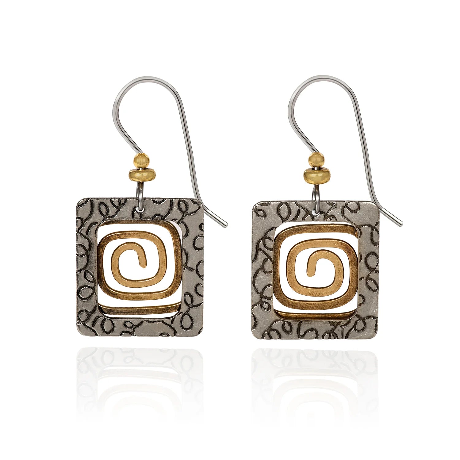 Silver Forest Earring Textured Silver Square with Gold Coil - NE-1556