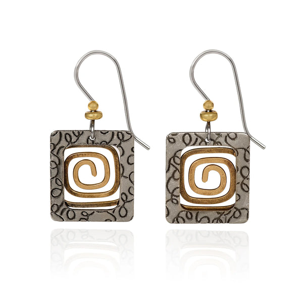 Silver Forest Earring Textured Silver Square with Gold Coil - NE-1556