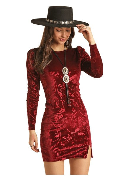 Ladies Rock & Roll Denim Fitted Burgundy Velvet Dress BWD2R02955