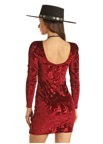 Ladies Rock & Roll Denim Fitted Burgundy Velvet Dress BWD2R02955