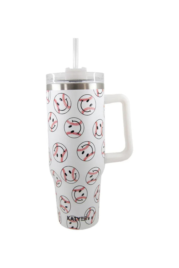 Katy Did Baseball Happy Faces Tumbler Cup w/ Handle