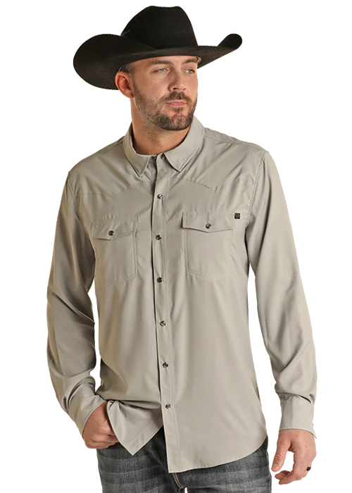 Men's Rock & Roll Cowboy TekWestern Snap Front Shirt - Grey - BMN2S06797-GRY