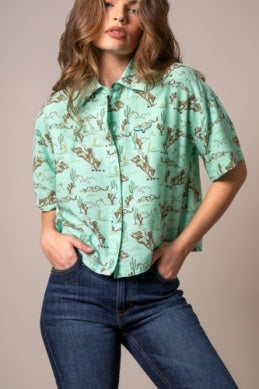 Kimes Ranch Ladies Ranchero Short sleeve Button Down Crop Shirt - Turquoise