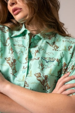 Kimes Ranch Ladies Ranchero Short sleeve Button Down Crop Shirt - Turquoise