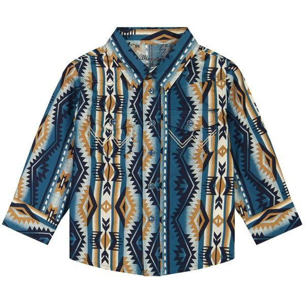 Wrangler Boy's Long Sleeve Aztec Snap Shirt - Teal/Brown - 112381491