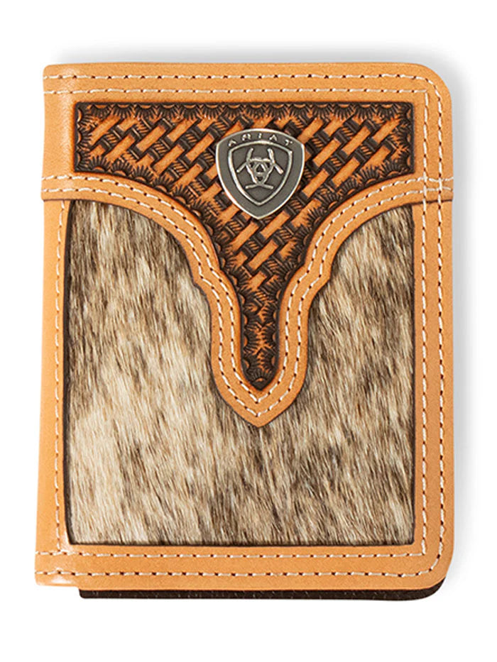 Ariat Mens Calf Hair Basket Weave Bifold Wallet Natural A3561848