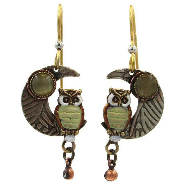 Silver Forest Owl On Crescent Moon Earrings NE-0468