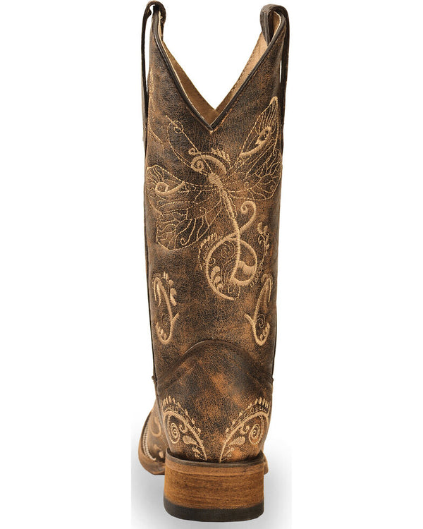 CIRCLE G LADIES DRAGONFLY EMBROIDERED COWGIRL BOOTS - SQUARE TOE - L5079
