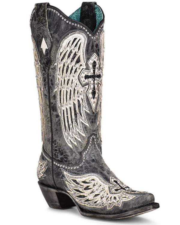 Corral Ladies Black Cross & Wings Overlay Western Boots - A4232