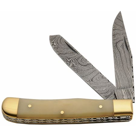 Damascus Steel Trapper Pocket Knife w/ Natural Bone Handles  DM-1181