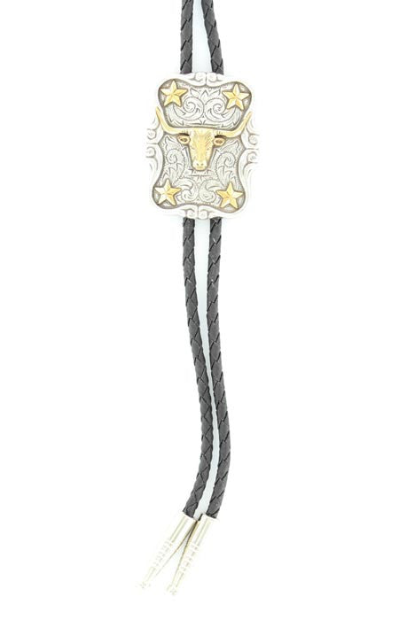 M&F Western Bolo Tie Rectangular Silver Pendant/Gold Longhorn/Stars One Size