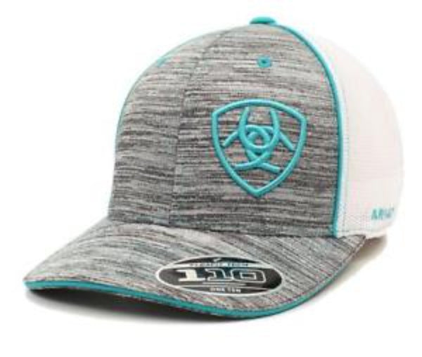 Ariat Mens Hat Baseball Cap Mesh Snap Shield Logo Grey Heather Turq 1504933