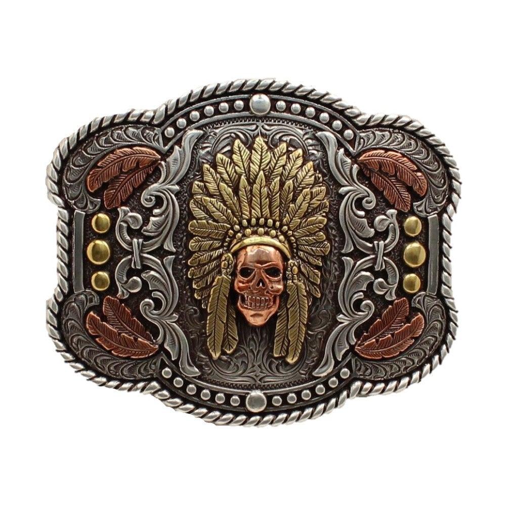 Nocona Men's Tri-Color Rope Edge Feather Chief Skull Buckle 37600